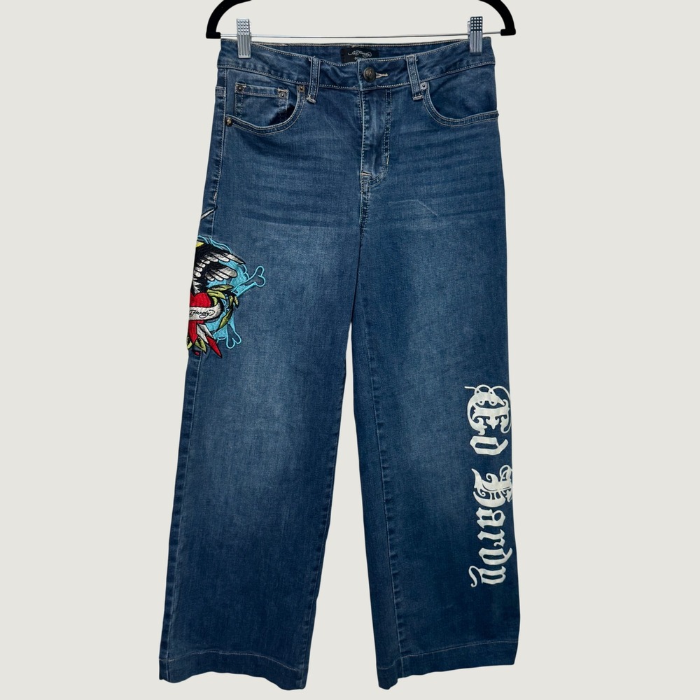 Ed Hardy Womens Wide Leg Jeans 26 Blue Embroidered Eagle Tattoo Y2K Streetwear